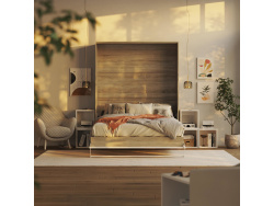 Folding wall bed 160cm Vertical Oak Sonoma/  White High Gloss Front incl. Comfort orthopedic Slatted frame SMARTBett