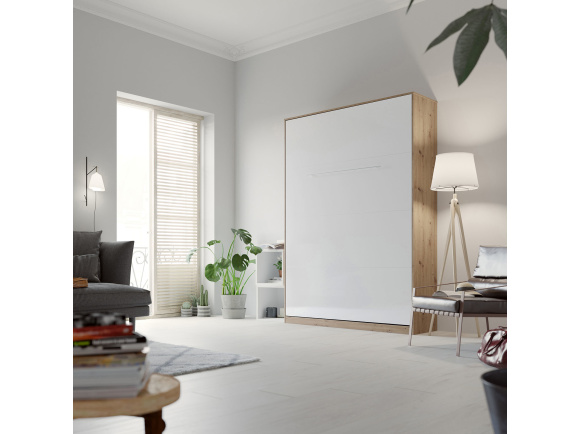 SMARTBett Folding wall bed Standard 140x200 Vertical Wild Oak /White high gloss with Gas pressure Springs