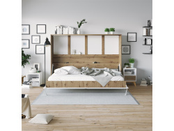 SMARTBett Folding wall bed Standard 140x200 Horizontal Wild Oak/White high gloss front with Gas pressure Springs
