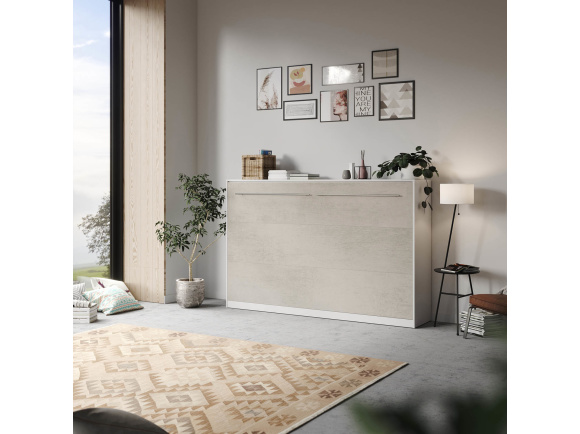 SMARTBett Schrankbett Standard 120x200 Horizontal Weiss/Betonoptik mit Gasdruckfedern