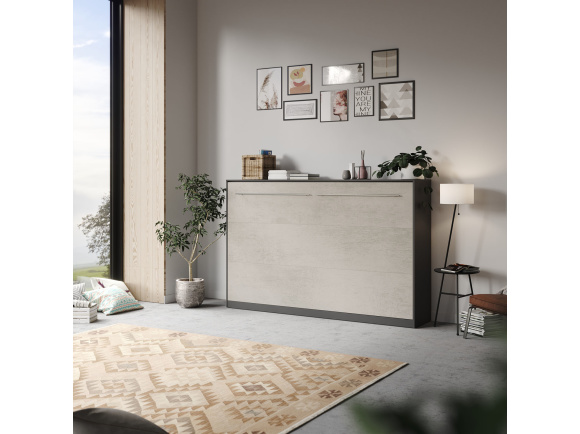 SMARTBett Folding wall bed Standard 120x200 Horizontal Anthracite/Beton look with Gas pressure Springs