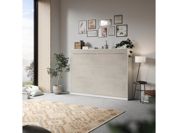 SMARTBett Folding wall bed Standard 140x200 Horizontal White/Beton look  with Gas pressure Springs
