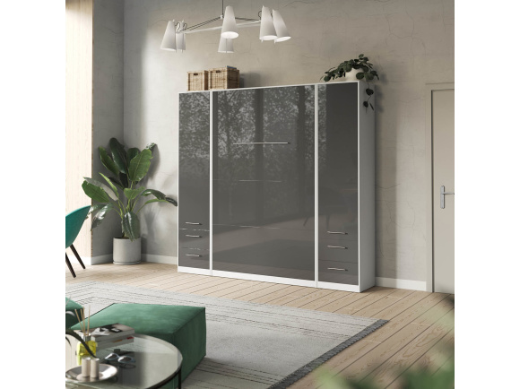 SMARTBett Wohnwand Set mit Schrankbett Standard 140x200 Vertikal + 2 x 50-Schränke Weiß/ Anthrazit Hochglanz