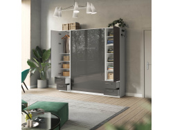 SMARTBett Wohnwand Set mit Schrankbett Standard 140x200 Vertikal + 2 x 50-Schränke Weiß/ Anthrazit Hochglanz