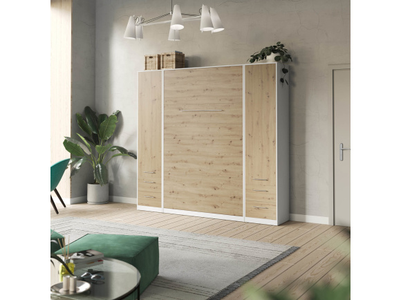 SMARTBett Wohnwand Set mit Schrankbett Standard 140x200 Vertikal + 2 x 50-Schränke Weiß/ Wildeiche