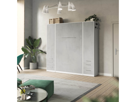 SMARTBett wall unit set with wall bed standard 140x200 vertical + 2 x 50 wardrobes in different colors White/ Concrete