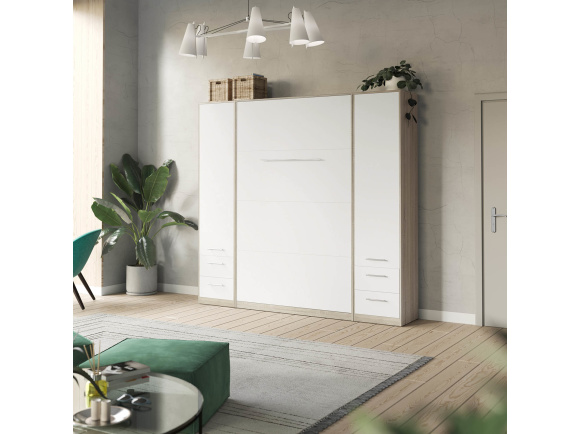 SMARTBett wall unit set with wall bed standard 140x200 vertical + 2 x 50 wardrobes in different colors oak Sonoma white