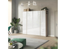 SMARTBett Wohnwand Set mit Schrankbett Standard 140x200 Vertikal + 2 x 50-Schränke Eiche Sonoma/ Weiß Hochglanz