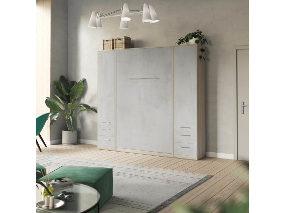 SMARTBett Wohnwand Set mit Schrankbett Standard 140x200 Vertikal + 2 x 50-Schränke Eiche Sonoma/ Beton