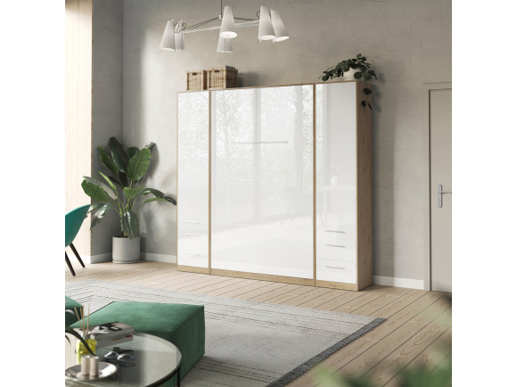 SMARTBett wall unit set with wall bed standard 140x200 vertical + 2 x 50 wardrobes in different colors wild oak White high gloss