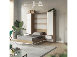 SMARTBett wall unit set with wall bed standard 140x200 vertical + 2 x 50 wardrobes in different colors wild oak White high gloss