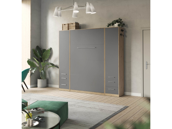 SMARTBett Wohnwand Set mit Schrankbett Standard 140x200 Vertikal + 2 x 50-Schränke Wildeiche/ Anthrazit