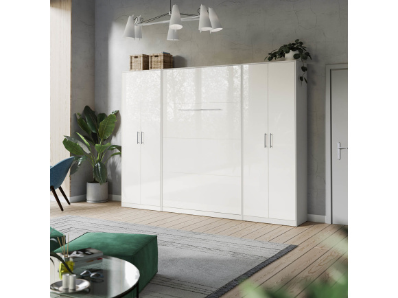 SMARTBett Wall unit set with Foldaway bed standard 140x200 vertical + 2 x 80 Wardrobe White/ White Gloss