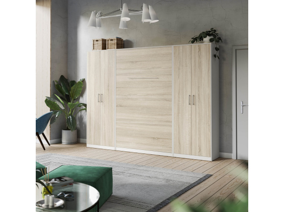 SMARTBett Wall unit set with Foldaway bed standard 140x200 vertical + 2 x 80 Wardrobe in different colors White Oak Sonoma