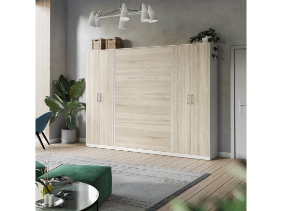SMARTBett Wohnwand Set mit Schrankbett Standard 140x200 Vertikal + 2 x 80-Schränke Weiß Eiche Sonoma