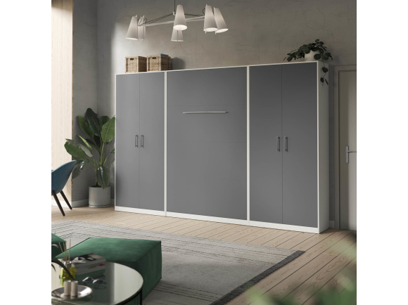 SMARTBett Wohnwand Set mit Schrankbett Standard 140x200 Vertikal + 2 x100-Schränke Weiß/Anthrazit