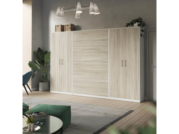SMARTBett wall unit set with wall bed standard 140x200 vertical+ 2x100 cupboards in different colors White/ Oak Sonoma