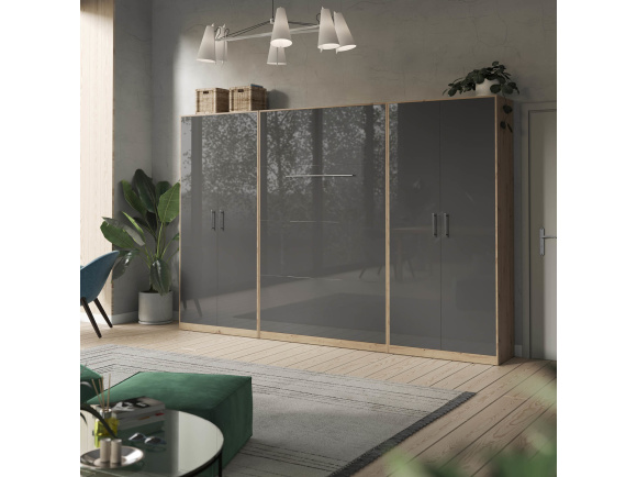 SMARTBett Wohnwand Set mit Schrankbett Standard 140x200 Vertikal + 2 x100-Schränke Wildeiche/Anthrazit Hochglanz