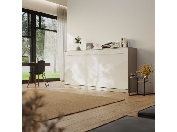 SMARTBett Schrankbett Standard 90x200 Horizontal Beton/Weiss Hochglanz mit Gasdruckfedern