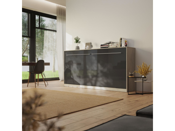 SMARTBett Schrankbett Standard 90x200 Horizontal Beton/Anthrazit Hochglanz mit Gasdruckfedern