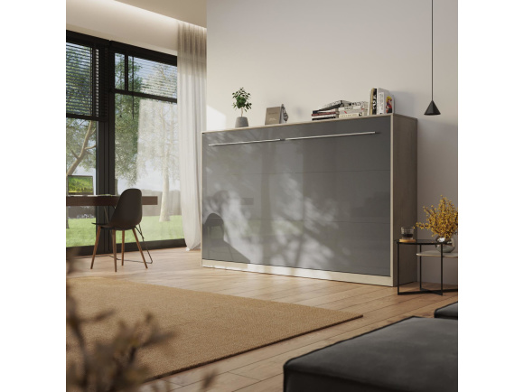 SMARTBett Schrankbett Standard 120x200 Horizontal Beton/Anthrazit Hochglanz mit Gasdruckfedern