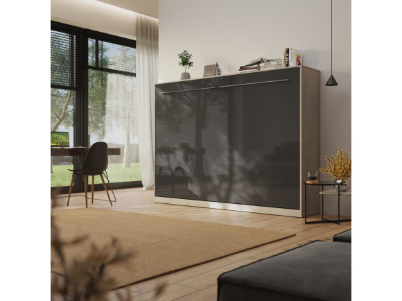 SMARTBett Schrankbett Standard 140x200 Horizontal Beton/Anthrazit Hochglanz mit Gasdruckfedern