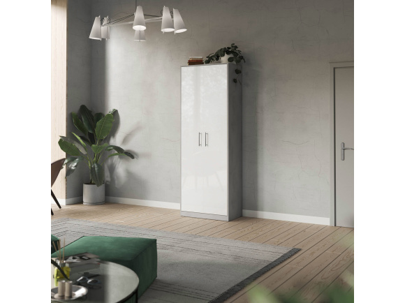 SMARTBett Schrank Kleiderschrank 80cm 2 Türen Beton/ Weiß Hochglanz