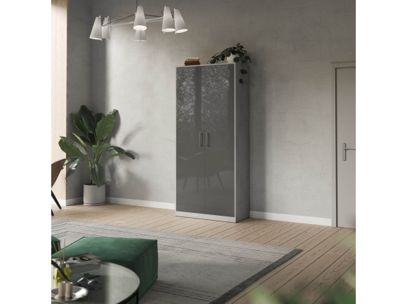 SMARTBETT Schrank Kleiderschrank Aktenschrank 100cm 2-türig in Beton/Anthrazit Hochglanzfront