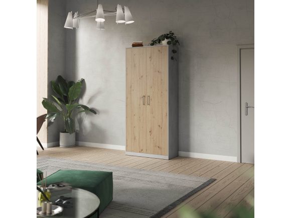 SMARTBett Schrank Kleiderschrank Garderobe Aktenschrank 100cm 2-türig Beton/Wildeiche