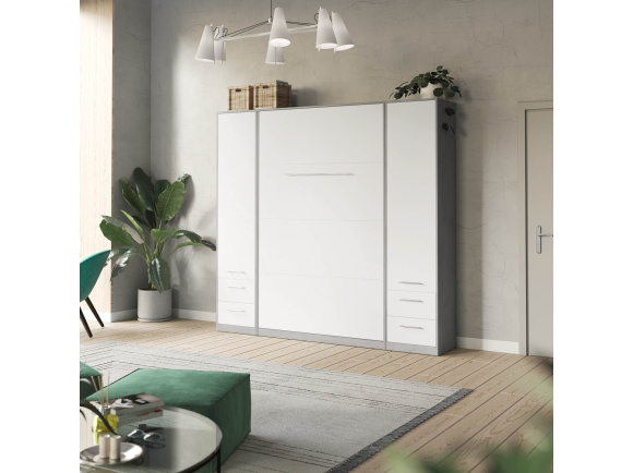 SMARTBett Wohnwand Set mit Schrankbett Standard 140x200 Vertikal + 2 x 50-Schränke Beton/Weiß