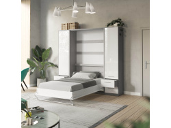 SMARTBett wall unit set with wall bed standard 140x200 vertical + 2 x 50 wardrobes Concrete /White high gloss
