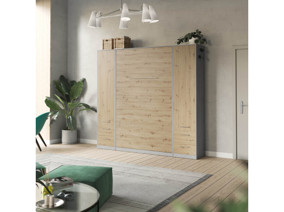 SMARTBett Wohnwand Set mit Schrankbett Standard 140x200 Vertikal + 2 x 50-Schränke Beton/ Wildeiche