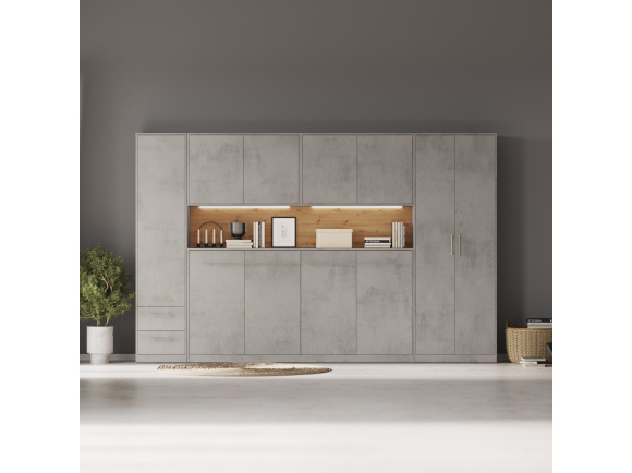 SMARTBett Wohnwand Set mit 90-Schrankbett Standard Horizontal Beton/ Beton/ Wideiche Classic