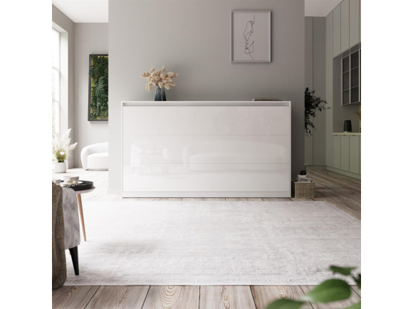 SMARTBett Schrankbett Classic 100x200cm Horizontal Weiss /Weiss Hochglanz