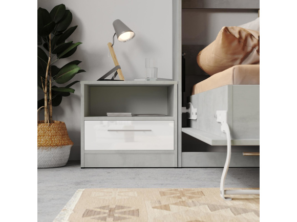 Nachttisch Standard 45 cm mit einer Schublade Beton/Weiss Hochglanz