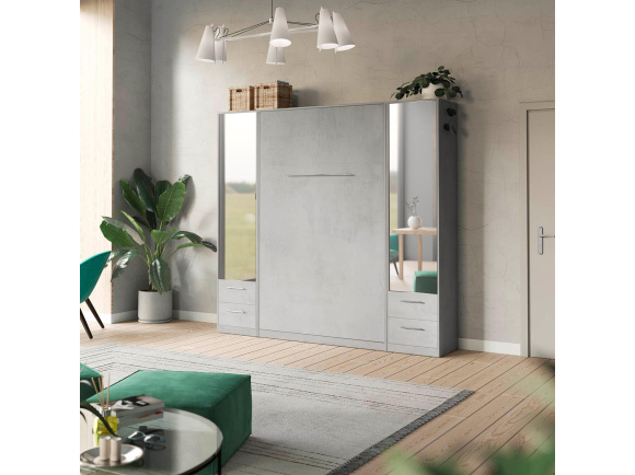 SMARTBett set wall unit 140 vertical wall bed + 2x 50 mirror cabinets Concrete/ Concrete
