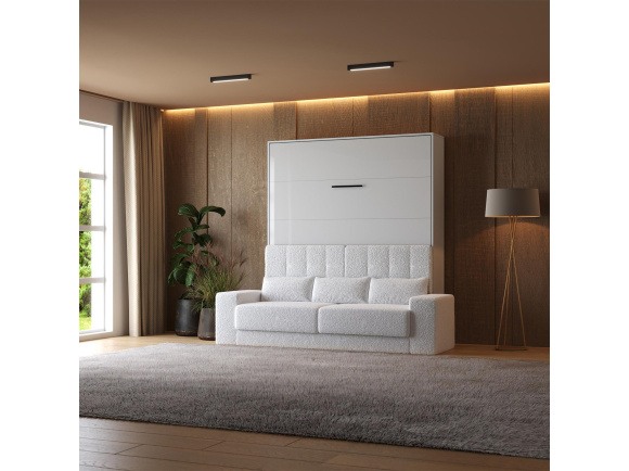 Schrankbett mit Sofa M1 180x200 Vertikal Weiss/Weiss Hochglanz SOFA Weiss