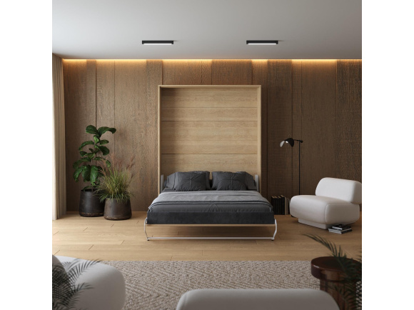 Murphy bed M1 160x200 Vertical White/Kaiserberg Oak with upholstered frame 160x200cm