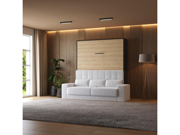 Smartbett Murphy bed with Sofa White M1 160x200 Vertical Anthracite/Kaiser oak