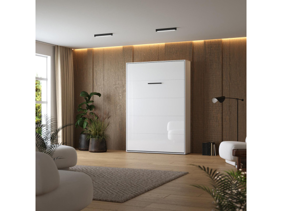 Schrankbett M1(40 cm Tiefe) 140x200 Vertikal Weiss/Weiss Hochglanz
