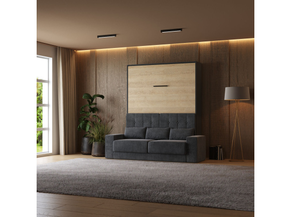 Smartbett Schrankbett mit SOFA M1 160x200 Vertikal Anthrazit/Kaiser Eiche Armlehnen 26 cm Breite