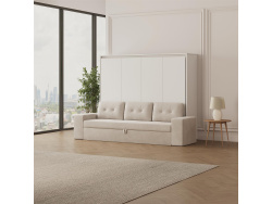 SMARTBett 160x200 Schrankbett Horizontal M2 (Tiefe 55cm) WEISS inkl.SOFA Sandgrau Armlehnen 11 cm