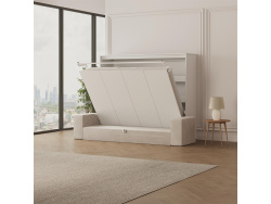 SMARTBett 160x200 Schrankbett Horizontal M2 (Tiefe 55cm) WEISS inkl.SOFA Sandgrau Armlehnen 11 cm