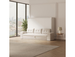 SMARTBett 160x200 Schrankbett Horizontal M2 (Tiefe 55cm) WEISS inkl.SOFA Sandgrau Armlehnen 26 cm