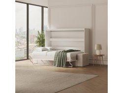 SMARTBett 160x200 Schrankbett Horizontal M2 (Tiefe 55cm) WEISS inkl.SOFA Sandgrau Armlehnen 26 cm