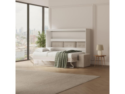 SMARTBett 160x200 Schrankbett Horizontal M2 (Tiefe 55cm) WEISS inkl.SOFA Sandgrau Armlehnen 26 cm