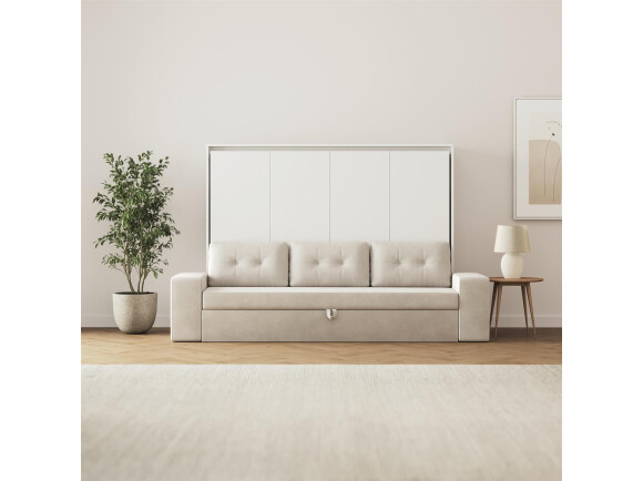 SMARTBett 140x200 Wall Bed Horizontal M2 (Depth 55cm) WHITE incl. SOFA sand gray Armrests 11 cm