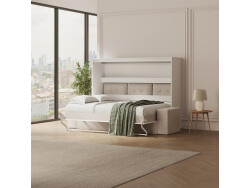 SMARTBett 140x200 Wall Bed Horizontal M2 (Depth 55cm) WHITE incl. SOFA sand gray Armrests 11 cm