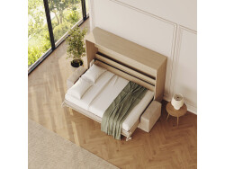 SMARTBett 140x200 Wall Bed Horizontal M2 (Depth 55cm) Kaiser Eiche incl. SOFA sand gray Armrests 11 cm