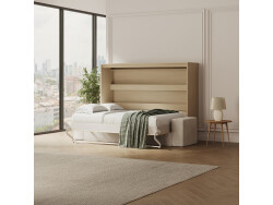 SMARTBett 140x200 Wall Bed Horizontal M2 (Depth 55cm) Kaiser Eiche incl. SOFA sand gray Armrests 11 cm